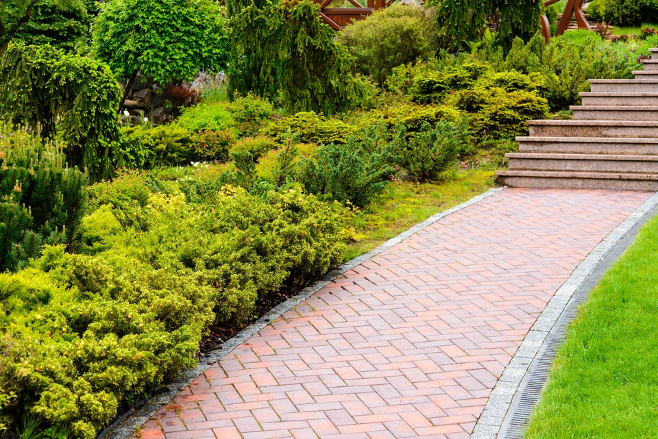 Jardin paysager avec allée en pavés de terre cuite disposés en motif chevrons, bordée de margelles en pierre