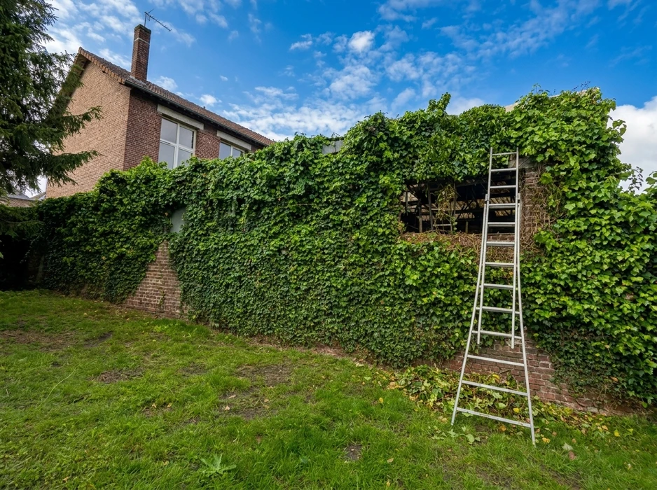 Jardin verdoyant avec mur en briques entièrement recouvert de lierre grimpant dense
