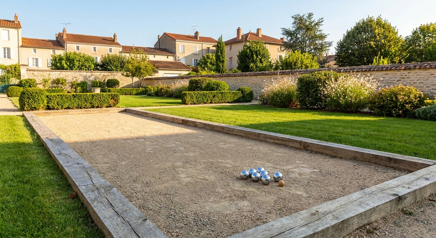 Photographie d'un terrain de pétanque professionnel bien aménagé, vue de trois-quarts. Le terrain est constitué d'une surface plane en grave et sable compacté, délimitée par une bordure en bois ou pierre naturelle. Quelques boules de pétanque métalliques brillantes sont disposées sur la surface, avec un cochonnet visible. L'arrière-plan montre un cadre paysager soigné avec gazon tondu, haies bien entretenues et quelques plantations ornementales. L'éclairage naturel du jour met en valeur la texture et la qualité de la surface aménagée.