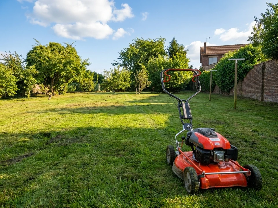 Photo verticale d'un afro-américain en salopette et gants blancs tondant l'herbe dans le jardin avec une tondeuse à gazon