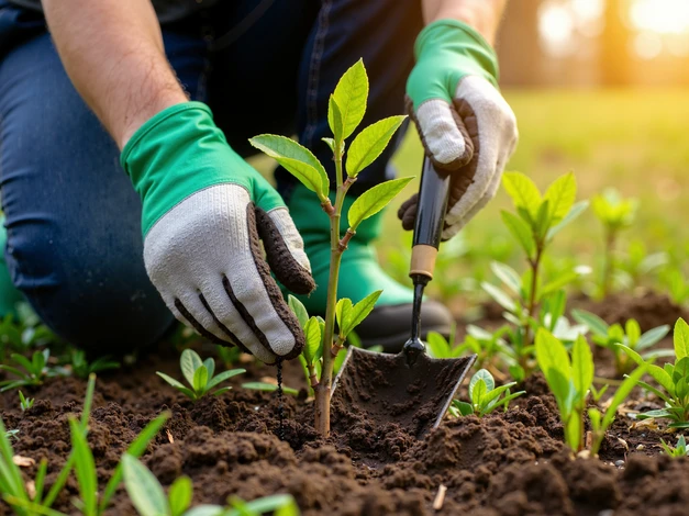 Scène extérieure d'entretien d'espaces verts avec opérateur sur tondeuse autoportée professionnelle orange effectuant la tonte d'une pelouse bien entretenue